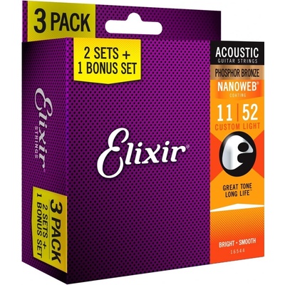 Elixir 16544 Nanoweb Phosphor Bronze Custom Light 11-52 3 Pack Set
