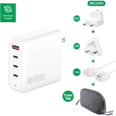 Захранване за ел. мрежа за лаптопи, смартфони и таблети с 3xUSB-C и 1xUSB-A изходи с технология за бързо зареждане - 4Smarts GaN Charger Flex Pro 100W Travel Edition (бял) (545100)