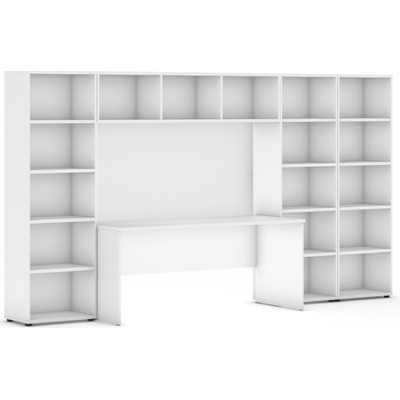 Zostavy knižníc INTEGRO so stolom, nižšie/širšie, 3350x700/400x1923 mm, biela