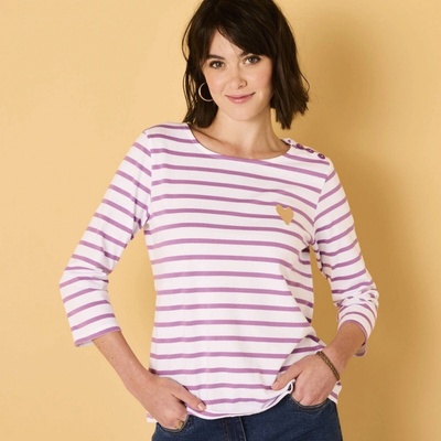 Pruhované tričkoz bio bavlny s výšivkou srdca biela lila