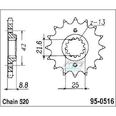 Kolečko řetězové (pastorek) 0516-14zubů ESJOT 50-32002-14 - Kawasaki Road EL250 Chopper + EL250 Eliminator Chopper + EL250 + EX250E1-E2 + EX250F2-F19,F6F,F7F + GPZ250R + GPX250R + KLX250S + KLX250SF +