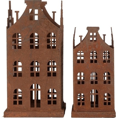 2ks rezavá dekorace / svícen domek Brocante rust - 14*14*27 / 11*11*23 cm - Clayre & Eef