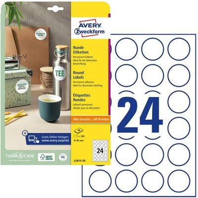 Etikety univerzálne kruhové 40mm Avery A4 10 hárkov