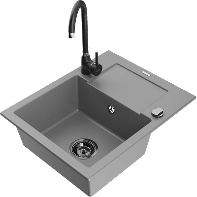 Mexen Enzo еднокоморна гранитна мивка с отцедник и кухненски смесител Telma, сив - 6506-71-670200-70-B (6506-71-670200-70-B)