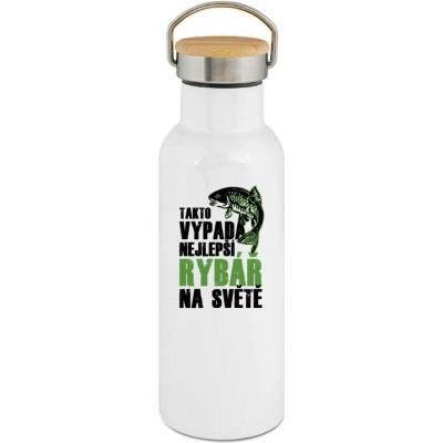 123TRIKO termoska Tak vypadá nejlepší rybář na světě. Bílý a oranžový tisk. 500 ml rybaření