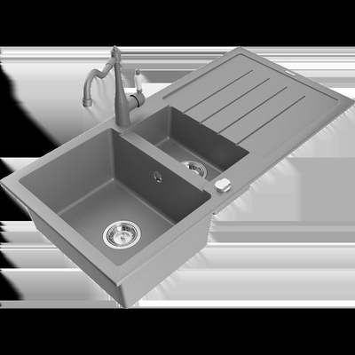 Andres гранитна мивка 1, 5-камерна с отцедник и кухненски смесител Carla, сива - 6515-71-670700-71 (6515-71-670700-71)