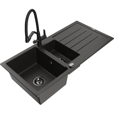 Mexen Andres гранитна мивка 1, 5-камерна със сушилник и кухненски смесител Duo, черен/златен металик - 6515-75-671701-70-B (6515-75-671701-70-B)