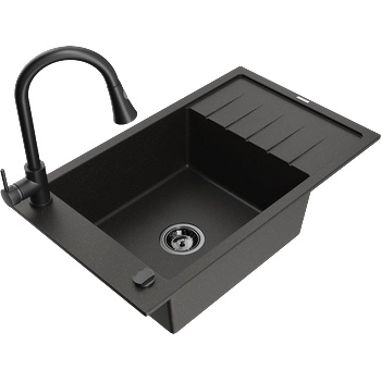 Mexen Elias гранитна мивка с 1 корито и отцедник с кухненски смесител Elia, черен/златен металик - 6511-75-670101-70-B (6511-75-670101-70-B)