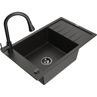 Mexen Elias гранитна мивка с 1 корито и отцедник с кухненски смесител Elia, черен/златен металик - 6511-75-670101-70-B (6511-75-670101-70-B)