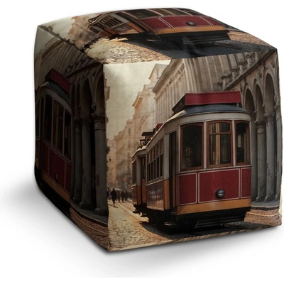 Sablio Taburet Kocka Historická červená tramvaj: 40x40x40 cm