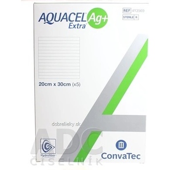 AQUACEL Ag+ Extra krytie na rany so striebrom so zosilneným účinkom 20 x 30 cm 5 ks
