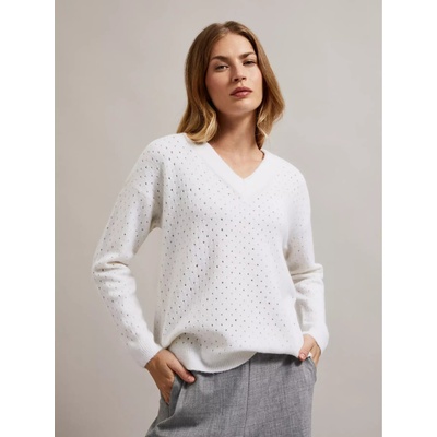 Moodo Бял ажурен пуловер с V-образно деколте Moodo Moodo | Byal | ЖЕНИ | XS