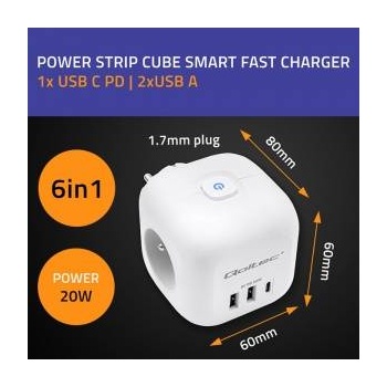 Qoltec Power Strip Extension Cord 6-in-1 with Illuminated Switch | 3x AC | 2x USB | 1x USB-C PD 20W | White