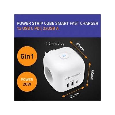 Qoltec Power Strip Extension Cord 6-in-1 with Illuminated Switch | 3x AC | 2x USB | 1x USB-C PD 20W | White