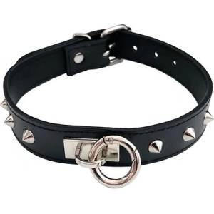 Rouge Leather Thin O-Ring Studded Collar with Detachable O-Ring Black