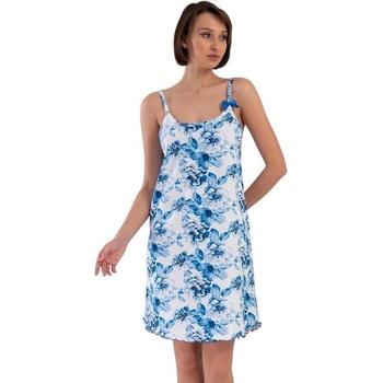 Памучна нощница в бяло със сини цветя и панделка