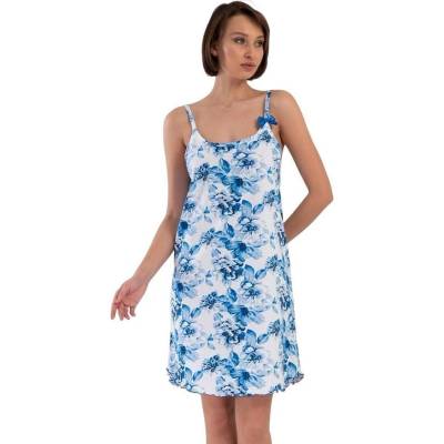 Памучна нощница в бяло със сини цветя и панделка