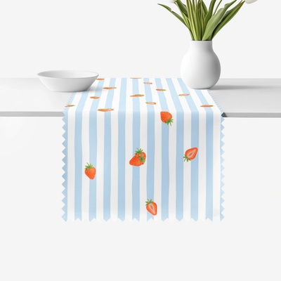 Goldea behúň na stôl teflónový modré prúžky s jahodami 35x140 cm
