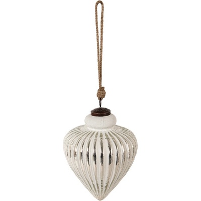 Clayre & Eef Bílo-stříbrná antik skleněná šiška Ridges white Ø13*17 cm