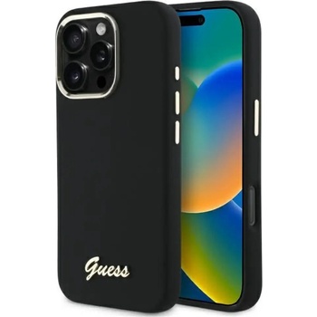 GUESS Силиконов калъф Guess с метално лого и рамка за iPhone 16 Pro - черен