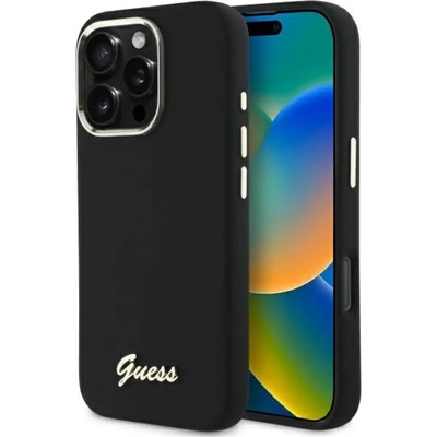 GUESS Силиконов калъф Guess с метално лого и рамка за iPhone 16 Pro - черен