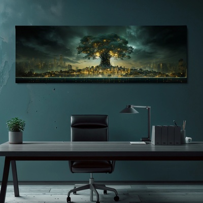 Obraz na plátně - Kybernetická symbióza Strom života a městská krajina FeelHappy.cz Velikost obrazu (šířka x výška): 150 x 50 cm
