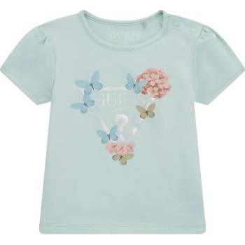 GUESS Тениска за бебе момиче в ментов цвят с бяло лого и нежни цветя Guess