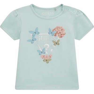GUESS Тениска за бебе момиче в ментов цвят с бяло лого и нежни цветя Guess