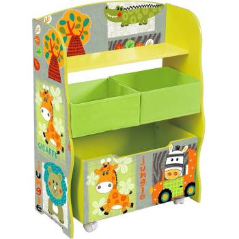 Детски Дървен Органайзер за Съхранение на Играчки и Книжки, Етажерка с Контейнер на Колелца - jungle (tf4821)