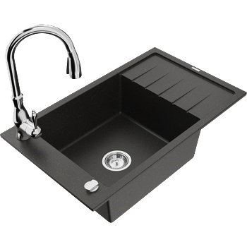 Mexen Elias гранитна мивка с 1 отделение, с отцедник и кухненска батерия Savita, черен/златист металик- 6511-75-672601-00 (6511-75-672601-00)