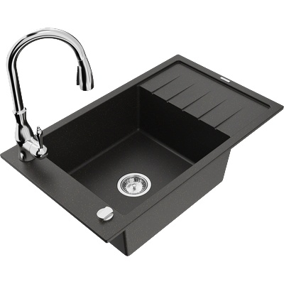 Mexen Elias гранитна мивка с 1 отделение, с отцедник и кухненска батерия Savita, черен/златист металик- 6511-75-672601-00 (6511-75-672601-00)