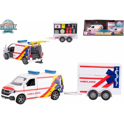 Mikro trading Kids Globe Traffic VW Transporter ambulance s přívěsem 27,5 cm zpětný chod
