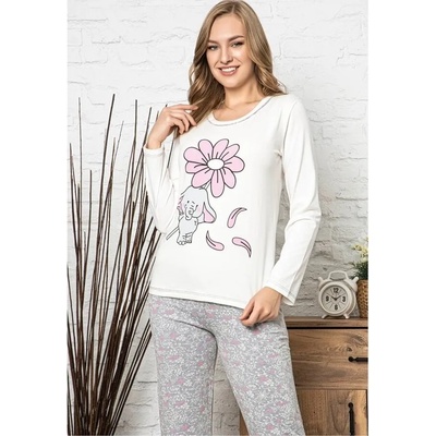 Дамска свежа пижама в бяло и сиво с цвете и слонче