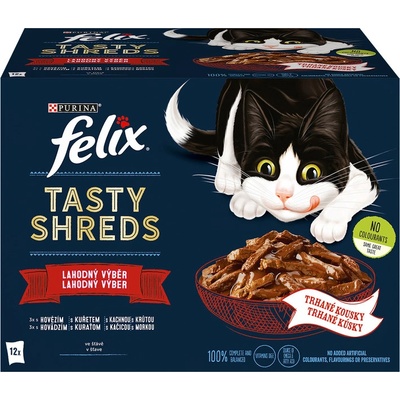 Felix Tasty Shreds hovädzie kura kačka a morka v šťave 12 x 80 g