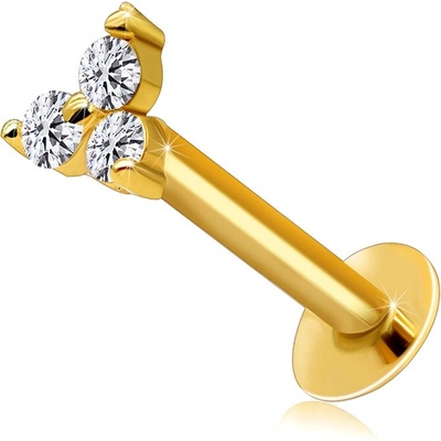 Šperky eshop rovný zlatý piercing do brady a rtu trojlístek z čirých zirkonů S2GG206.65