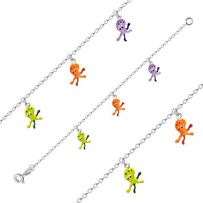 Šperky eshop detský náramok zo striebra tri chobotničky s oranžovou zelenou a fialovou glazúrou G21.09