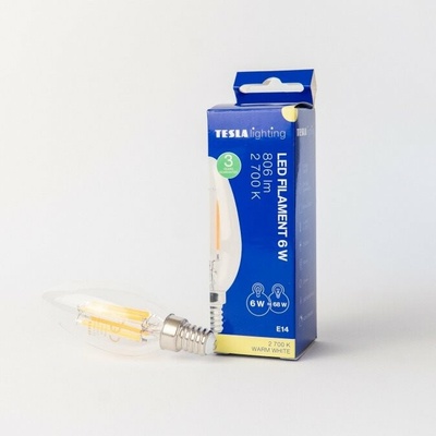 Tesla LED žárovka FILAMENT RETRO svíčka E14, 6W, 230V, 806lm, 25 000h, 2700K teplá bílá,360st,čirá CL140627-1