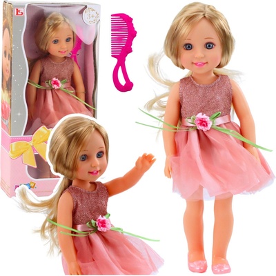 LEAN Toys Panenka v šatech s mašlí, dlouhé vlasy, růžová, hřeben, 38 cm