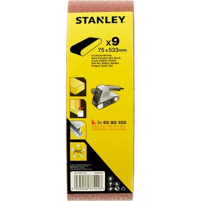 Stanley STA33481 Kartónové balenie, brúsny pás 75x533mm, 3x P60, 3x P80, 3x P100, 9ks