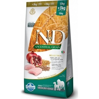 N&D Ancestral Grain Dog Adult Medium & Maxi Selection Chicken Spelt Oats & Pomegranate 3 x 15 kg