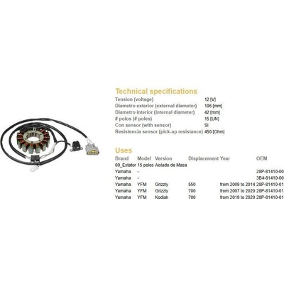 DZE stator (vinutí) alternátoru YAMAHA YFM 550 GRIZZLY 09-14; YFM 700 GRIZZLY 07-20; YFM 700 KODIAK 19-20 (28P-81410-00; 3B4-81410-00)