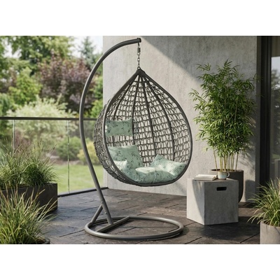 Textilomanie Šedé závěsné křeslo KOKON se stojanem světle zelený polštář se vzorem – Zboží Dáma