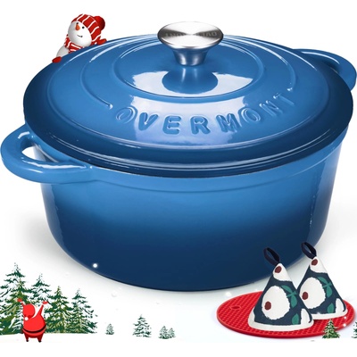 Overmont Casserole Cast Iron Pot 26cm - Enamel Roaster with Lid Oven Safe - with Cookbook - for Kitchen Baking Stewing Roasting Blue - OM-Enamel