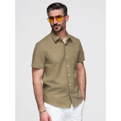 Ombre pánska košel'a krátký rukáv linen-cotton shirt s kapsou krémová