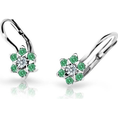 Danfil dětské náušnice kytičky C2152 z bílého zlata s kamínky Emerald Green zapínání klapka