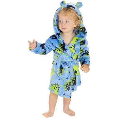 Dětský župánek s kapucí modrý s dinosaury