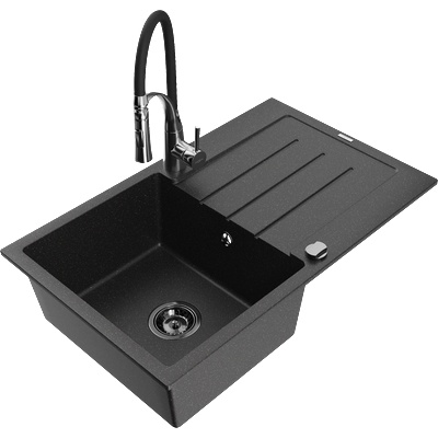 Mexen Bruno гранитна мивка 1-камерна с отцедник и кухненски смесител Aster, черен/сребърен металик - 6513-73-73450-07-B (6513-73-73450-07-B)