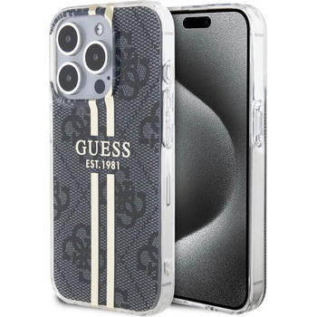 GUESS IML 4G Gold Stripe Case - дизайнерски силиконов кейс за iPhone 15 Pro Max (черен)