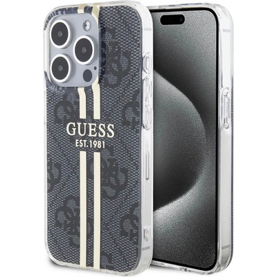 GUESS IML 4G Gold Stripe Case - дизайнерски силиконов кейс за iPhone 15 Pro Max (черен)