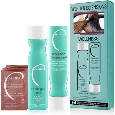 Malibu C Wefts & Extensions sada pro prodloužené vlasy šampon 266 ml + maska 266 ml + wellness sáčky 4 ks dárková sada